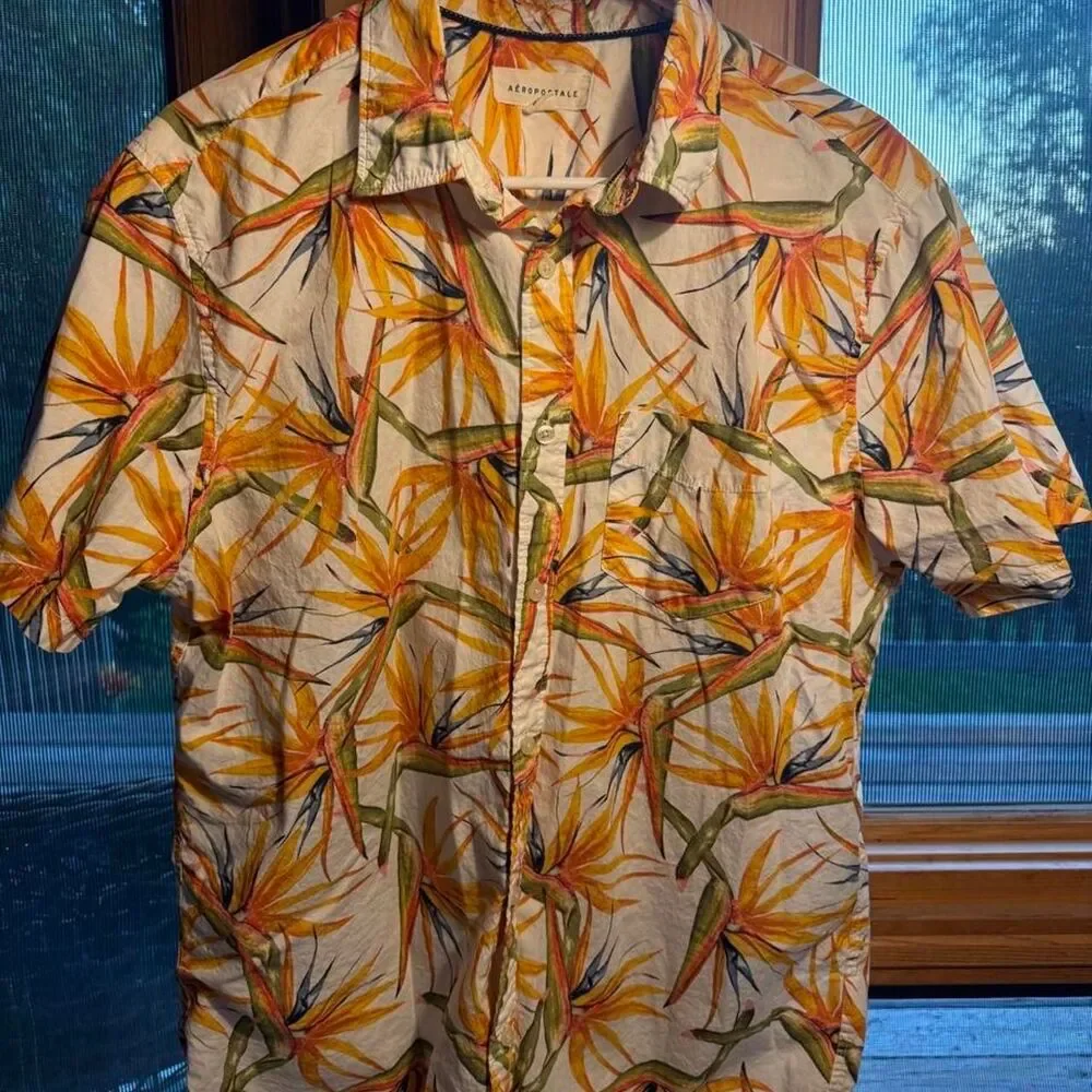 Aeropostale orange and green floral print button-up shirt in a L